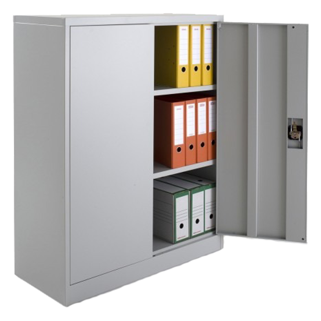 Armoire basse métallique avec portes battantes ouverte, montrant des étagères intérieures pour le rangement.