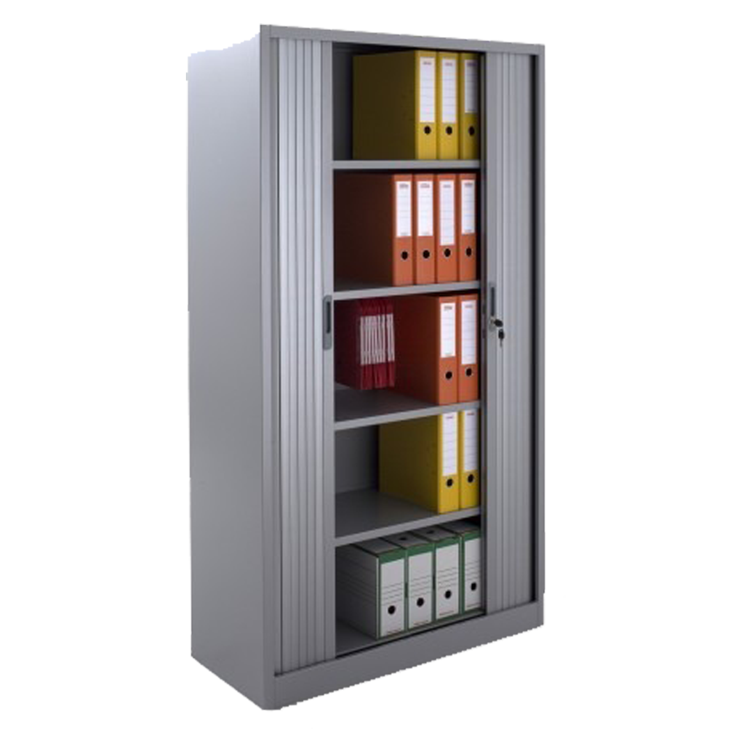 Armoire haute métallique à rideaux fermée, avec un design élégant pour un rangement discret.