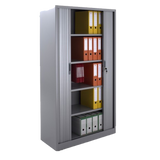 Armoire haute métallique à rideaux fermée, avec un design élégant pour un rangement discret.