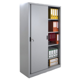 Armoire haute métallique à portes coulissantes dans un environnement de bureau, offrant une solution de rangement élégante.