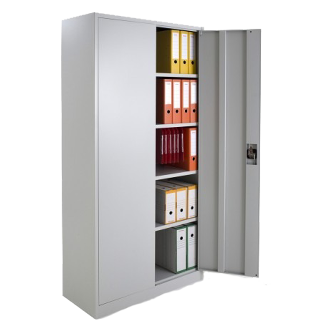 Armoire métallique haute à portes battantes ouverte, montrant les étagères intérieures pour le stockage.