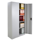 Armoire métallique haute à portes battantes ouverte, montrant les étagères intérieures pour le stockage.