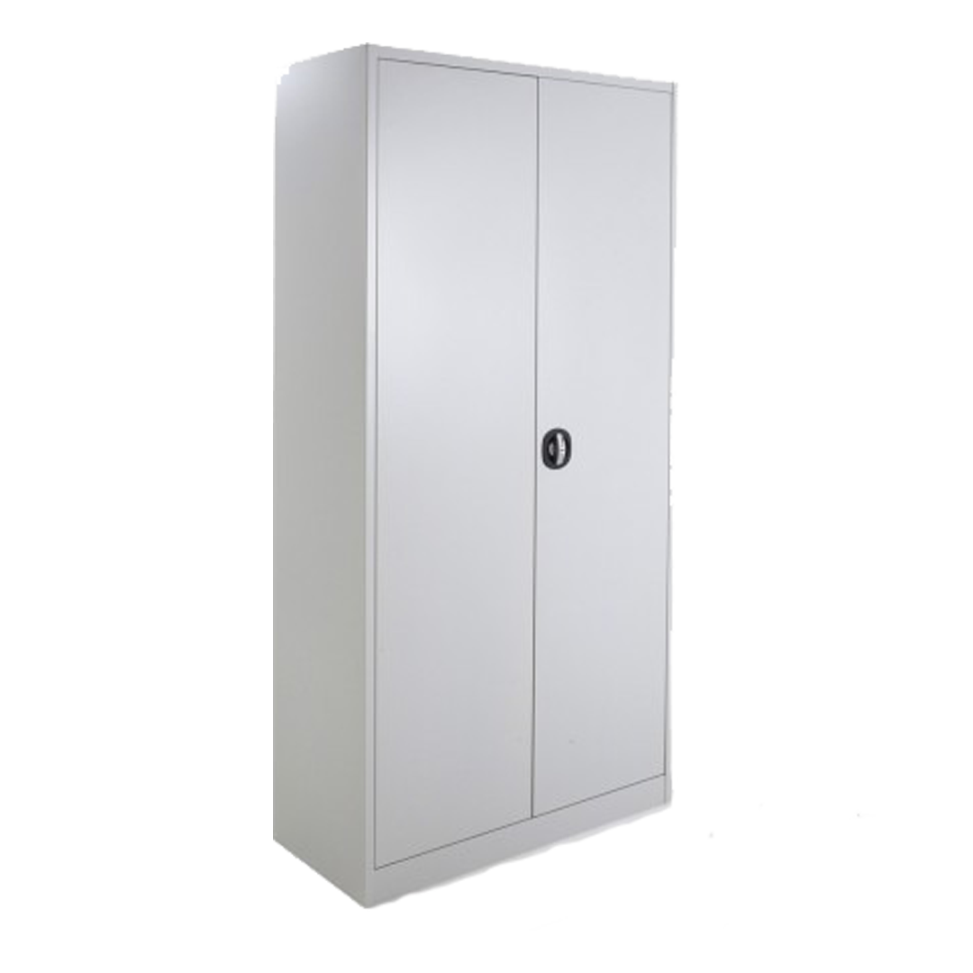 Armoire métallique haute à portes battantes ouverte, montrant les étagères intérieures pour le stockage.