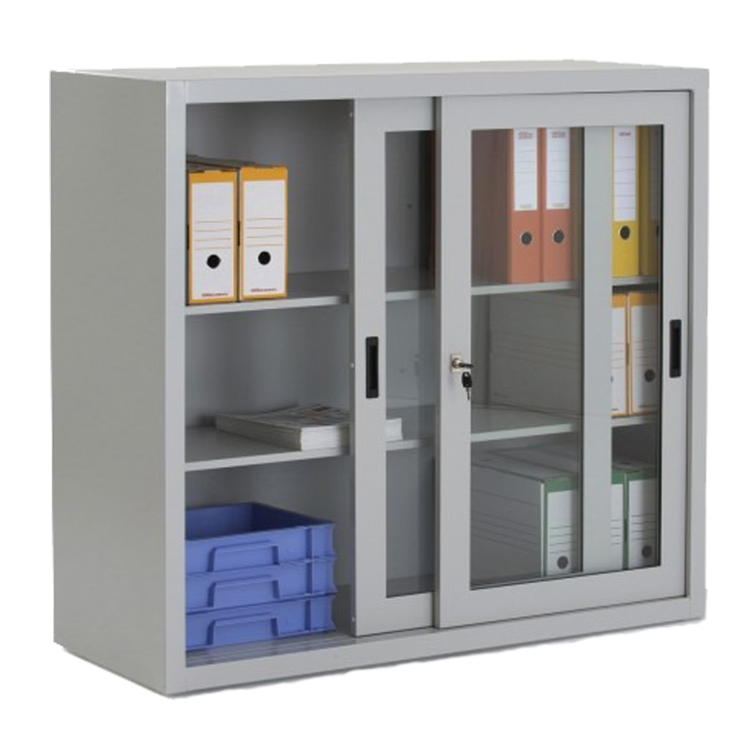 Armoire à portes coulissantes transparentes fermée, offrant un rangement moderne et élégant.