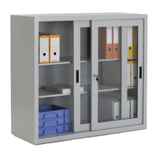 Armoire à portes coulissantes transparentes fermée, offrant un rangement moderne et élégant.