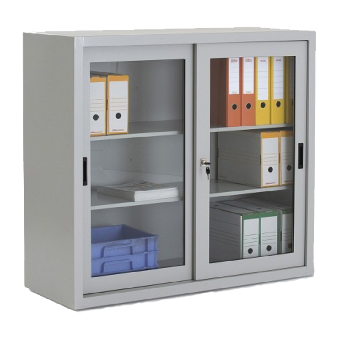 Vue de face d'une armoire à portes coulissantes transparentes, idéale pour les bureaux.