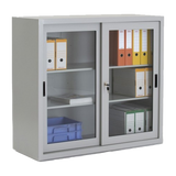 Vue de face d'une armoire à portes coulissantes transparentes, idéale pour les bureaux.