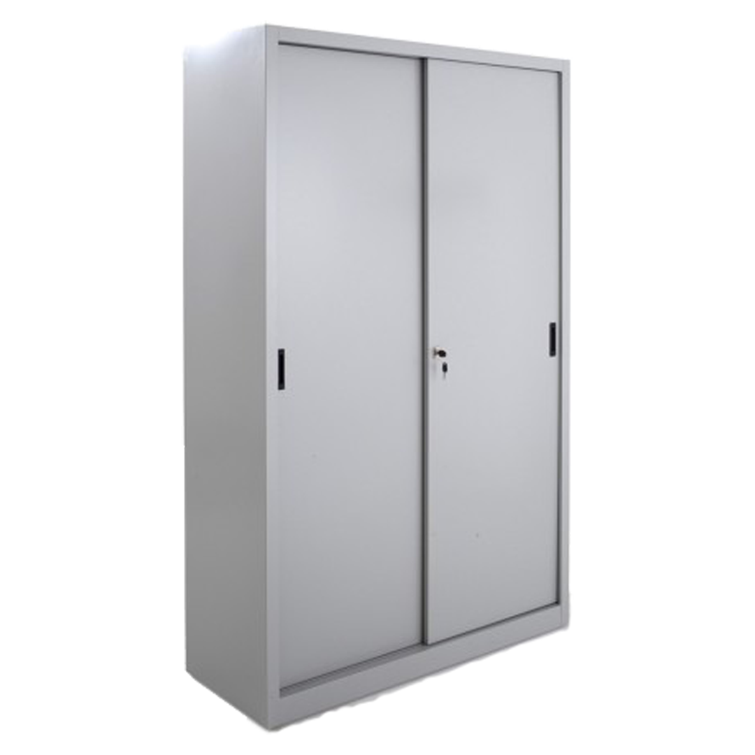 Armoire haute métallique à portes coulissantes dans un environnement de bureau, offrant une solution de rangement élégante.